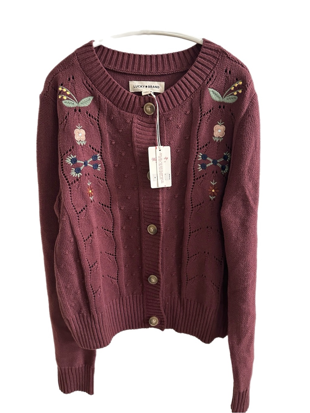 Lucky Brand Burgundy Embroidered Openwork Cardigan. M NWTS